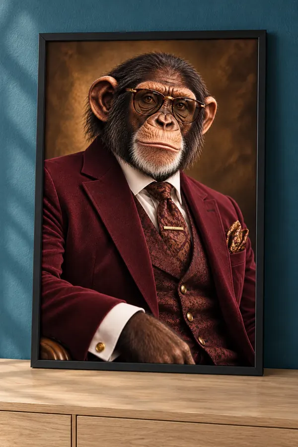 Affiche portrait d’un chimpanzé à lunettes en veste de velours bordeaux