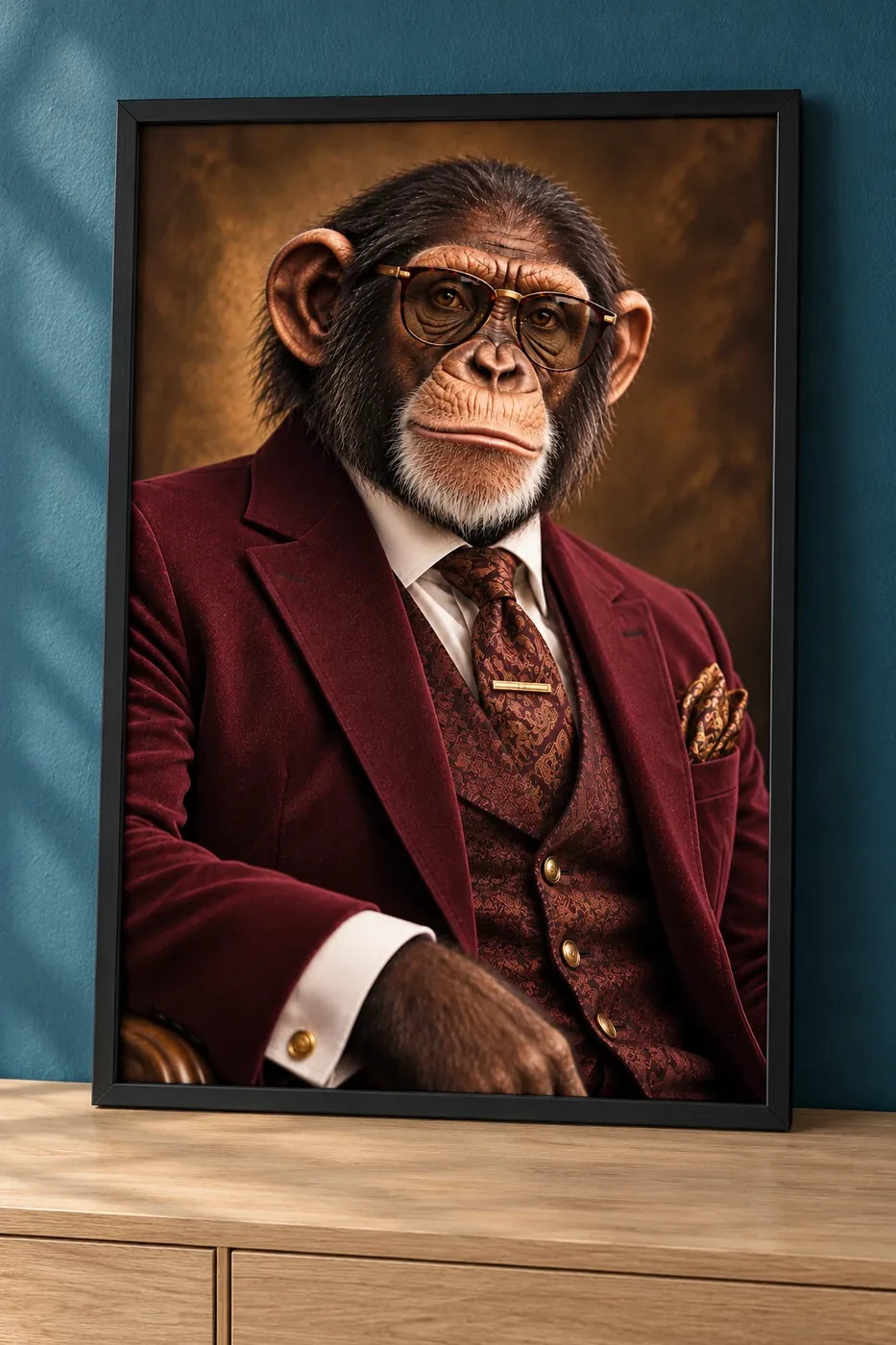 Affiche portrait d’un chimpanzé à lunettes en veste de velours bordeaux