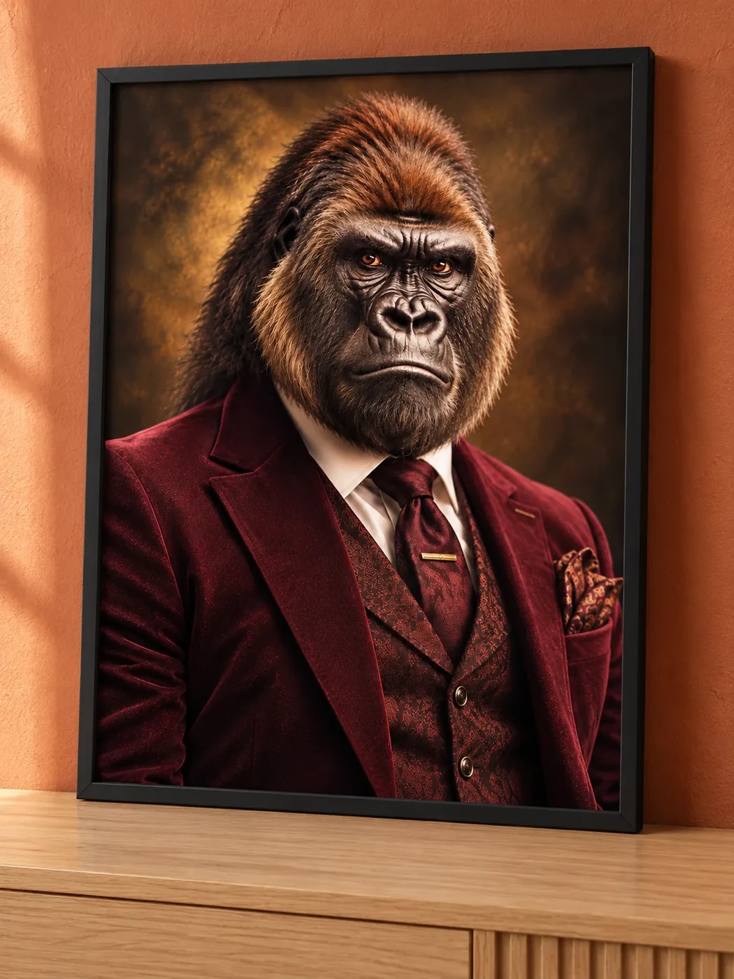 Affiche portrait d’un gorille en costume de velours bordeaux