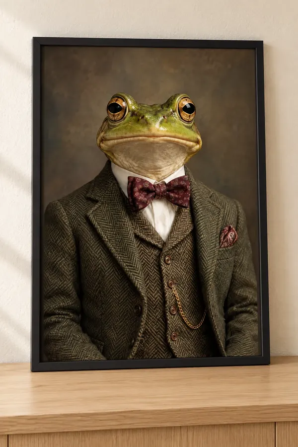 Affiche portrait d’une grenouille en costume de tweed et nœud papillon