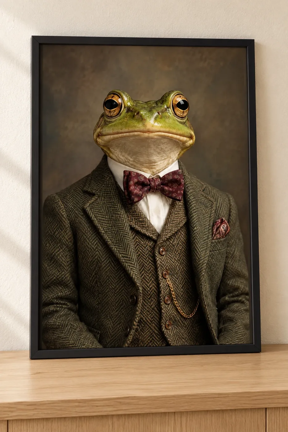 Affiche portrait d’une grenouille en costume de tweed et nœud papillon