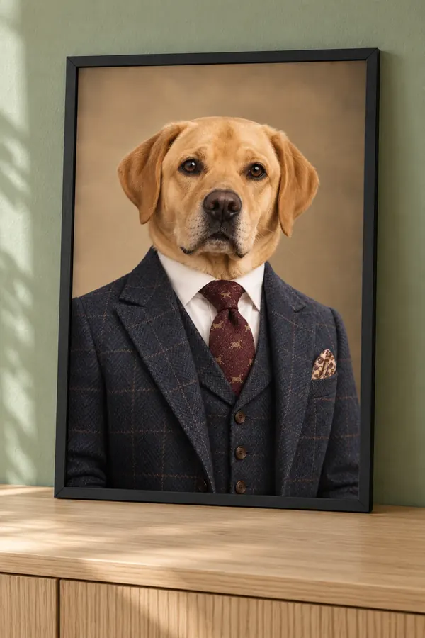 Affiche portrait d’un labrador en costume bleu nuit et cravate bordeaux