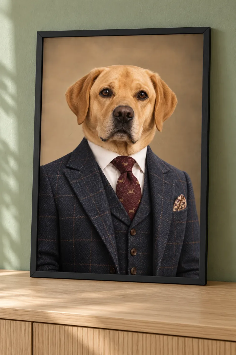 Affiche portrait d’un labrador en costume bleu nuit et cravate bordeaux