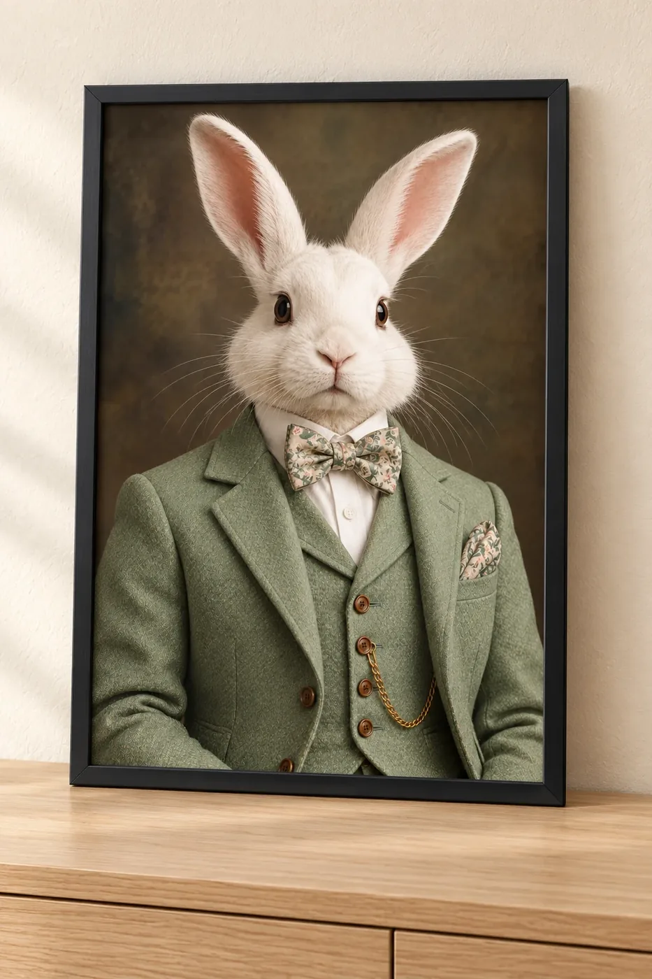 Affiche portrait d’un lapin blanc en costume vert sauge