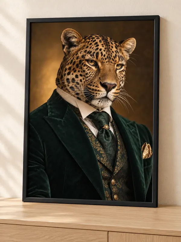 Affiche portrait d’un léopard en veste de velours vert