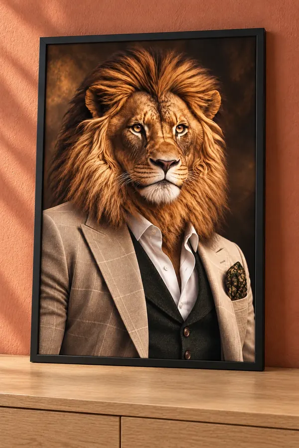 Affiche portrait d’un lion à crinière en veste beige