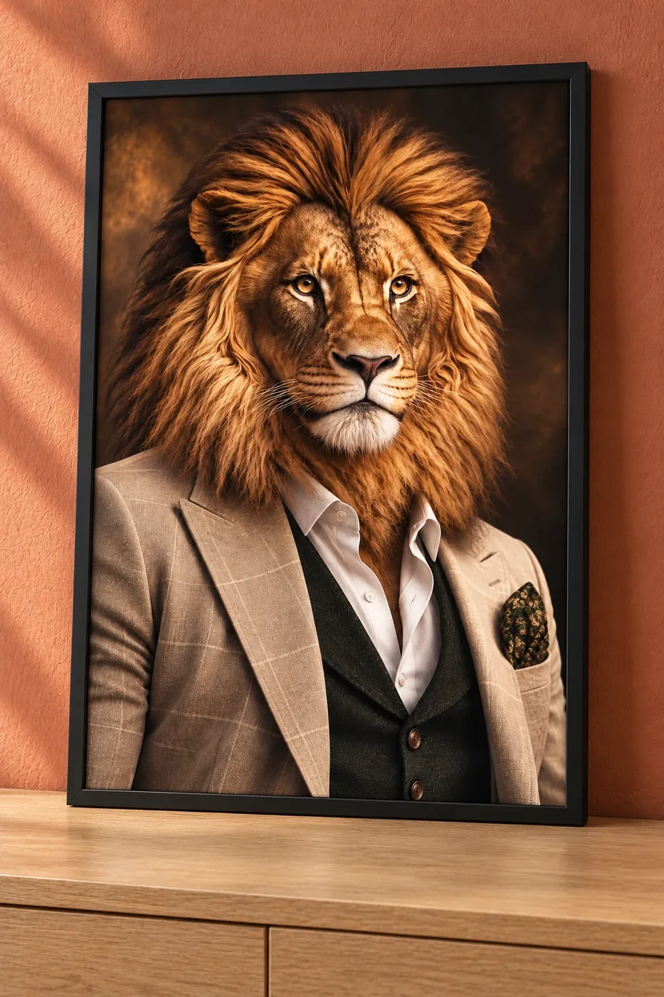 Affiche portrait d’un lion à crinière en veste beige