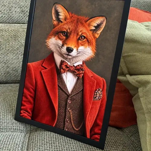 Affiche portrait d’un renard en veste de velours rouge et nœud papillon