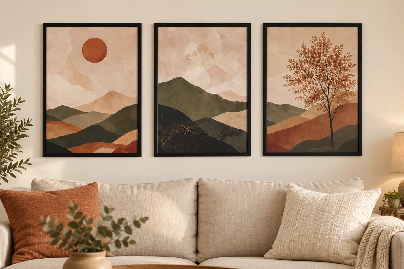 Trio d’affiches montagnes et arbre aux couleurs d’automne