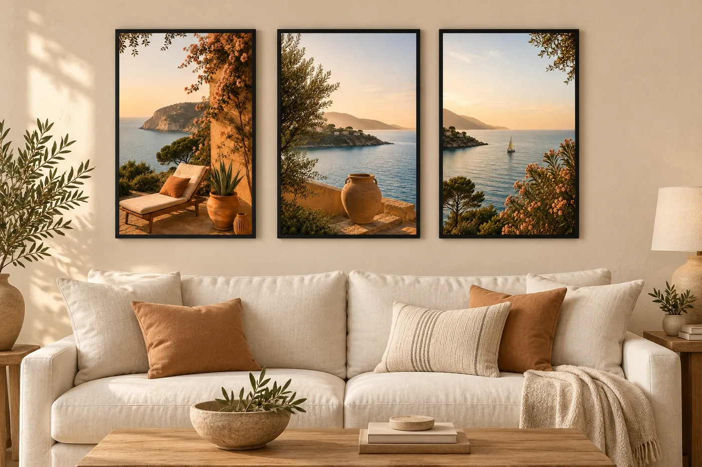 Trio d’affiches paysages méditerranéens vue sur mer au-dessus d’un canapé