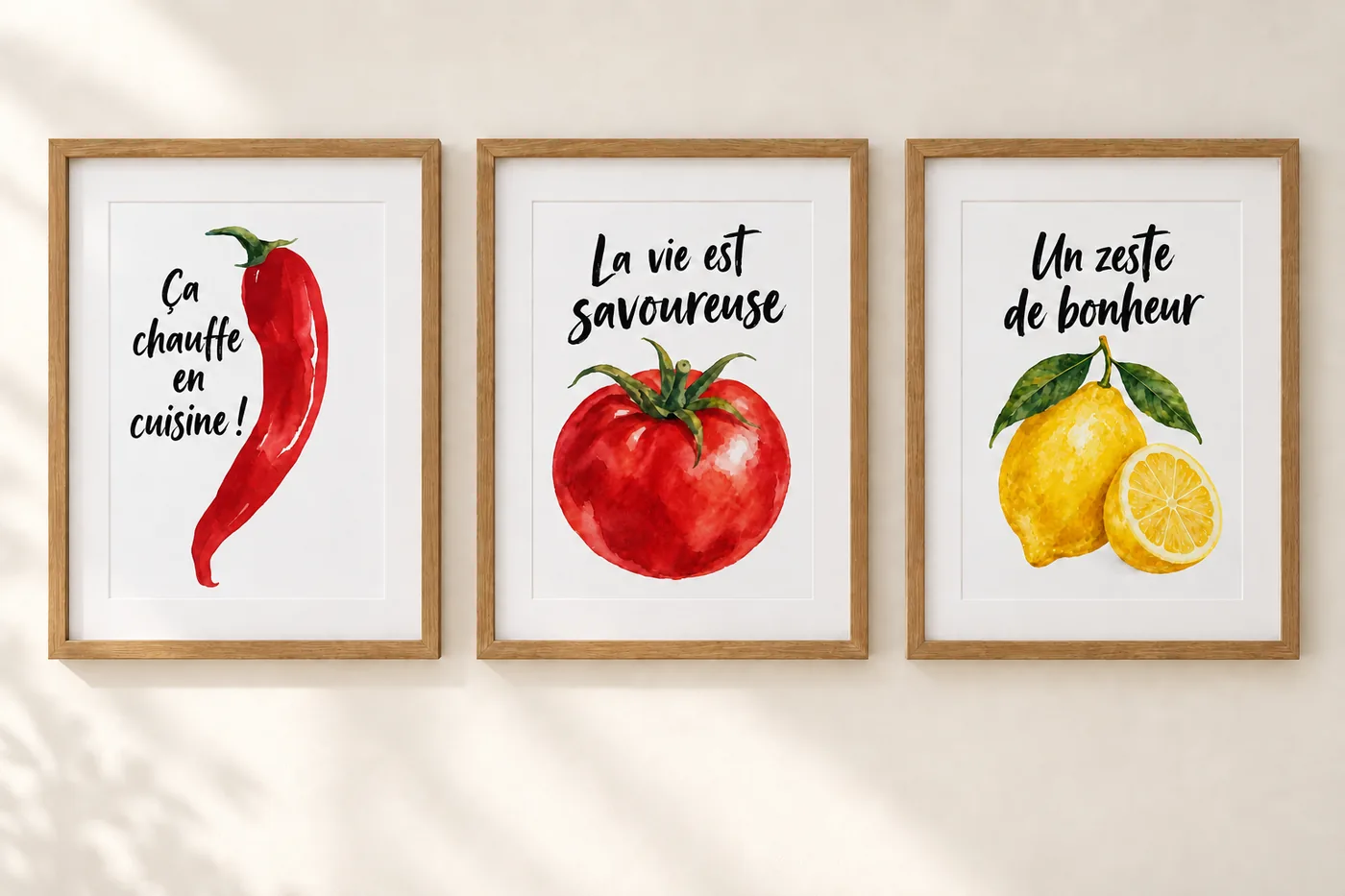 Trio de cadres déco cuisine avec piment, tomate et citron